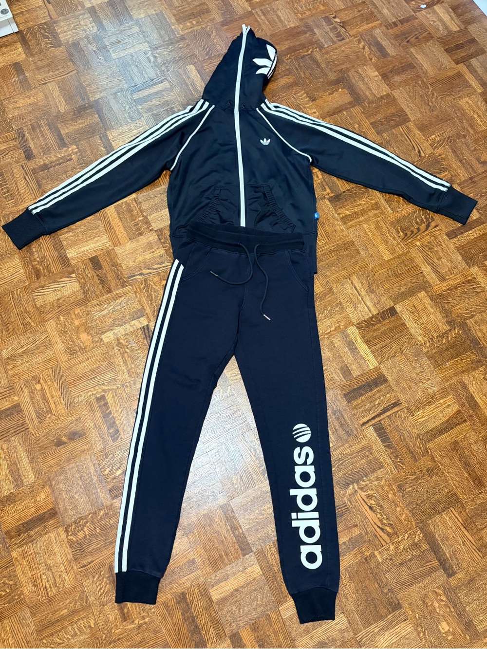 adidas Black Hooded Three-Stripe Jogger Set with White Logo